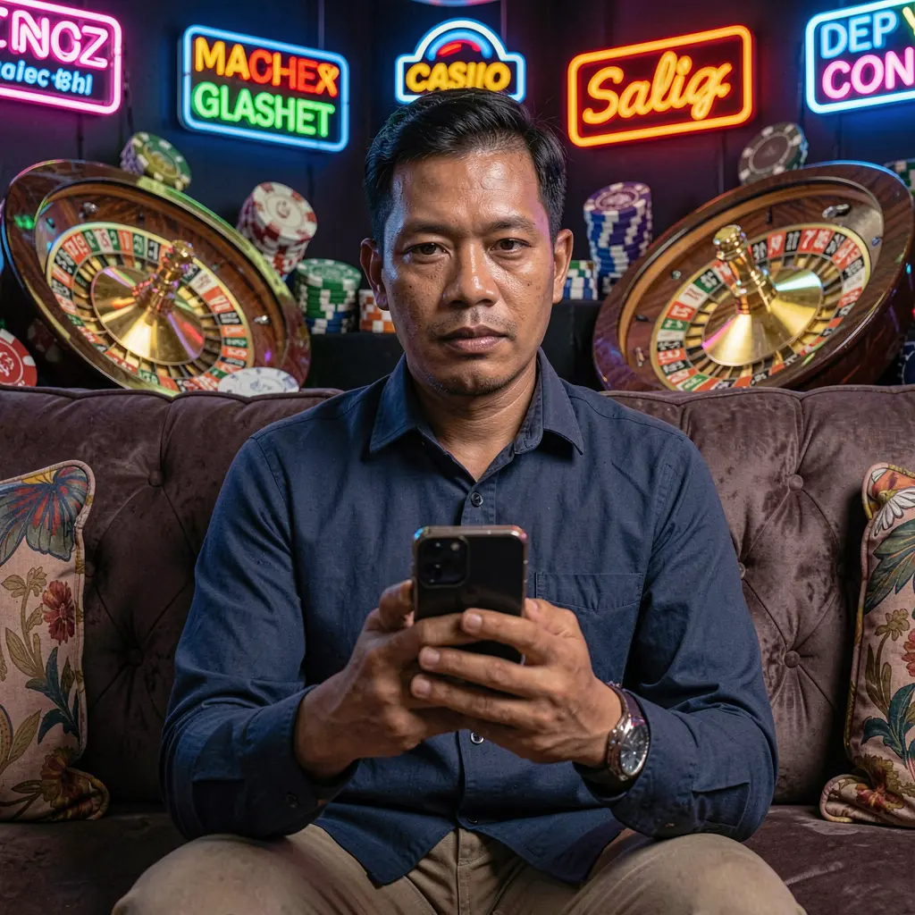 Focused Indonesian man using the 5RT casino app on his phone while sitting on a sofa surrounded by glowing roulette wheels poker chips and neon casino visuals