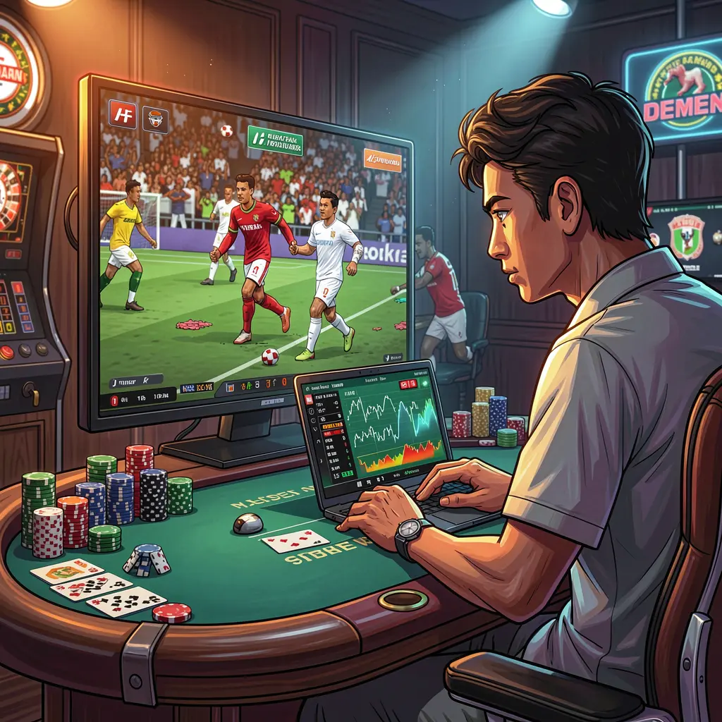 5RT Bet – Enjoy smooth and exciting live sports betting in Indonesia Indonesian sports fan placing live bets on a laptop while watching a soccer match on TV in a stylish home setting using 5RT
