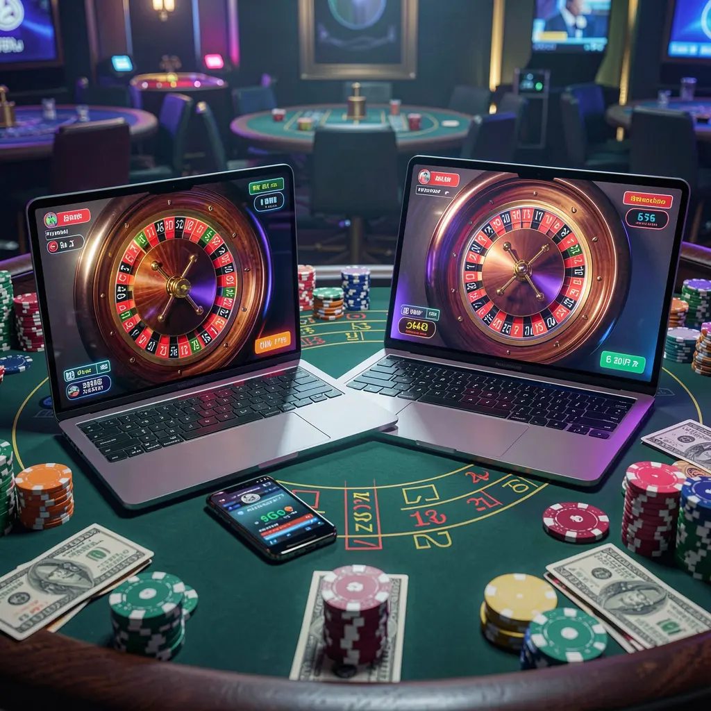 Elegant online casino atmosphere with live roulette displayed on a laptop and smartphone surrounded by chips highlighting the immersive 5RT casino experience for Indonesian players