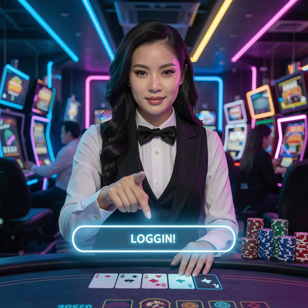 5RT Login – Fast and protected account entry for Indonesian players Confident Indonesian female casino dealer pointing at a glowing login button inside a neon casino environment highlighting secure access at 5RT
