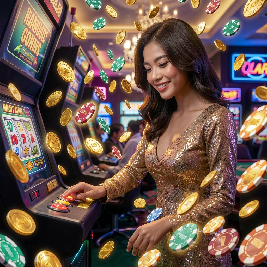 An elegant Indonesian woman enjoying immersive slot gameplay with flying gold coins and vibrant casino lights on the 5RT online casino platform